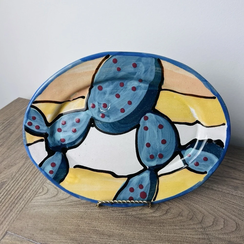 Stephen Kilborn Pottery CACTUS DOTS Large Oval Platter Tray ~10